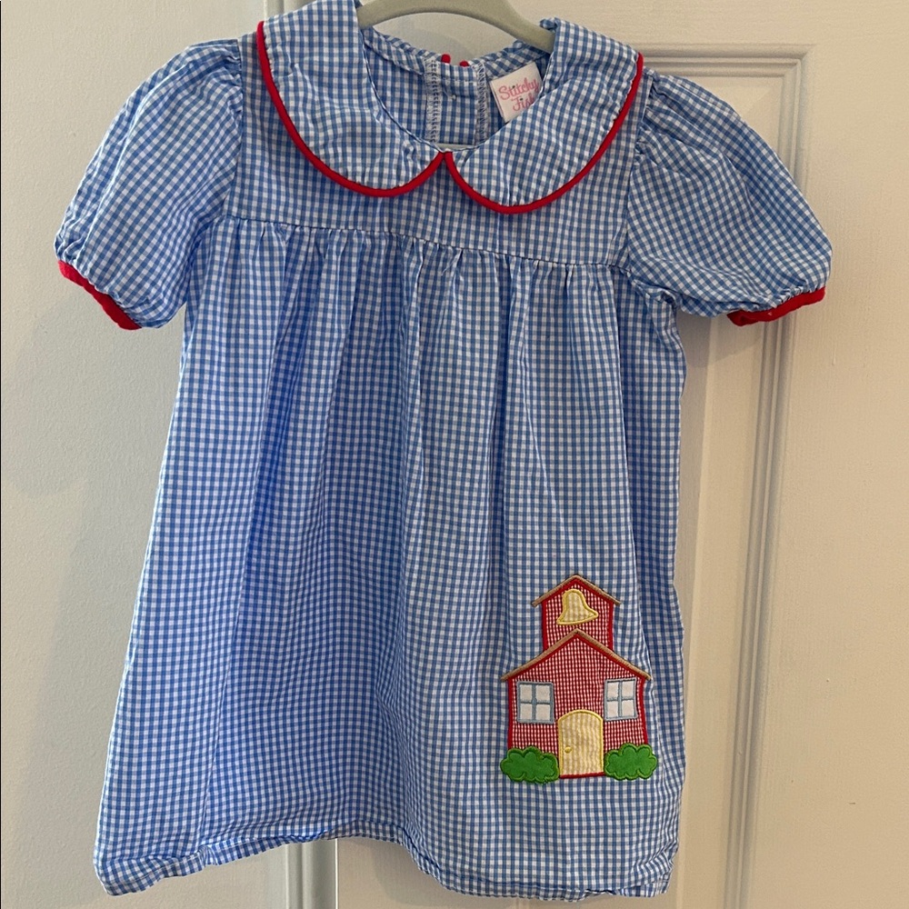 Blue Gingham Kids Dress with Red Trim
